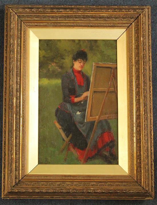 L.B. (19th C. French) Lady artist working en plein air, 9 x 5.75in.